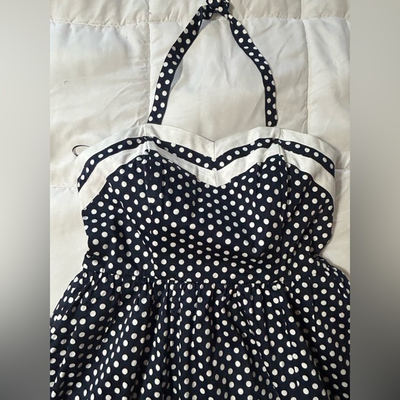 Navy Blue White Polka Dot Halter dress, Bea & Dot by Modcloth, Size L - Picture 2 of 9